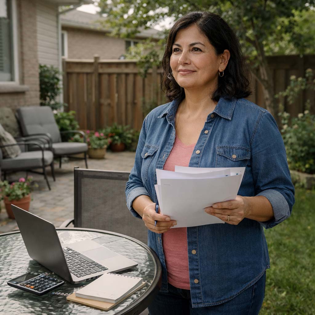 Woman in an Ontario backyard reviewing private mortgage documents